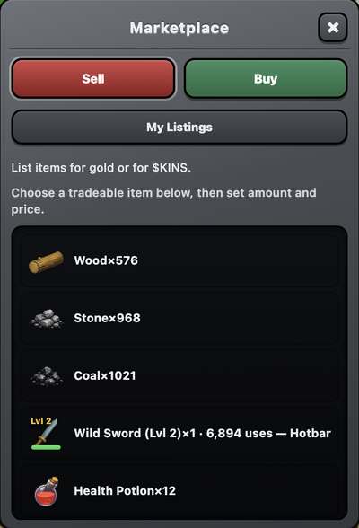 The Marketplace window — Sell, Buy, and My Listings tabs.
